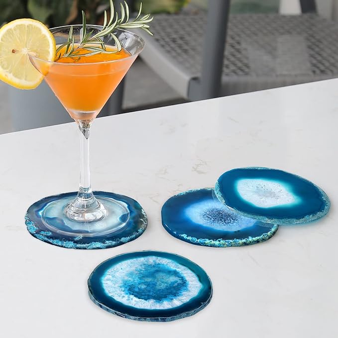 Blue Geode Agate Coasters for Drinks Set of 4 | Natural Stone Coasters 3.5-4", Decorative Gemstone Coasters for Coffee Table, Bar or Desk, Housewarming Gift for Friends