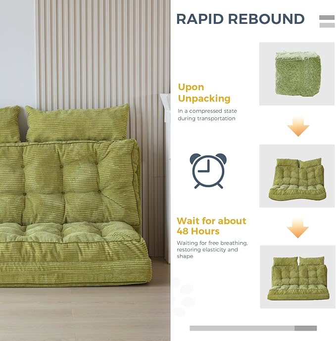 MAXYOYO Folding Sofa Bed, Tufted Bean Bag Bed with Pillows Floor Couch for Adults, Extra Thick and Long Floor Sofa, Full Floor Couch Bed for Bedroom Living Room, Green, 54x91 Inch