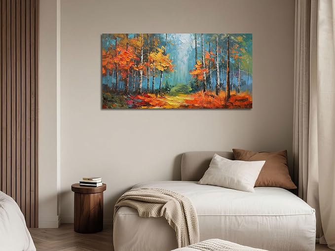Arjun Nature Wall Art Landcape Canvas Forest Painting, Textured Reddish Forest Framed Artwork Large Picture Living Room Bedroom Dining Room Kitchen Home Office Wall Decor 40"x20"