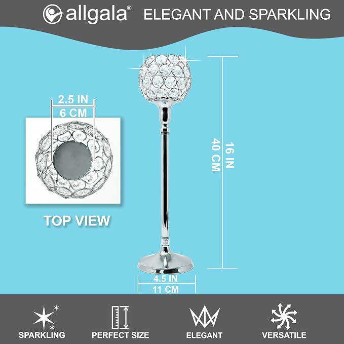 Allgala 16" Crystal Bowl Tealight Votive Decorative Goblet Wine Glass Shaped Candle Holder-Silver-HD89004