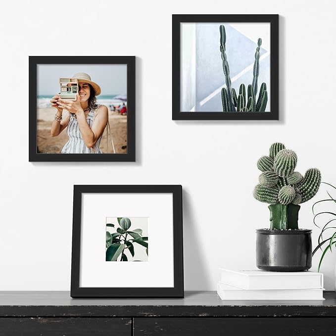 upsimples 8x8 Picture Frame, Display Pictures 4x4 with Mat or 8x8 Without Mat, Wall Hanging Photo Frame, Black, 1 Pack