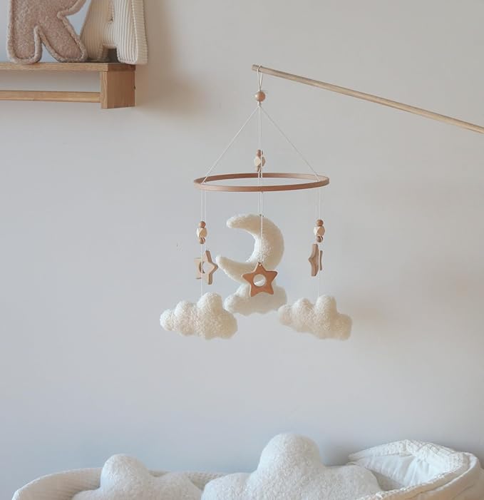 Cloud Moon Crib Mobile Cloud Baby Mobile for Crib Neutral Boho Clouds and Wooden Stars Moon Mobile Boucle Mobile