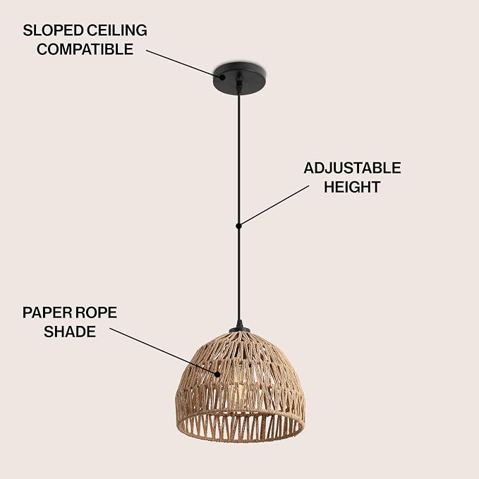 JONATHAN Y 10.25" Brown Modern Bohemian Woven Rope LED Pendant Light Fixture, Adjustable Dome Ceiling Lamp for Kitchen Island, Rope Shade, Coastal Farmhouse Decor (JYL6513E)
