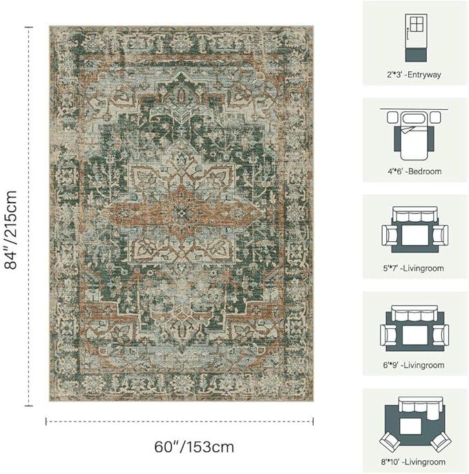 Rugxara 5x7 Area Rugs for Living Room Bedroom, Washable Rug, Green Vintage Retro Boho Rug, Non Slip & Low Pile Faux Wool Thin Carpet for Indoor Dining Room and Kids Room(Green/Brown 5x7ft)