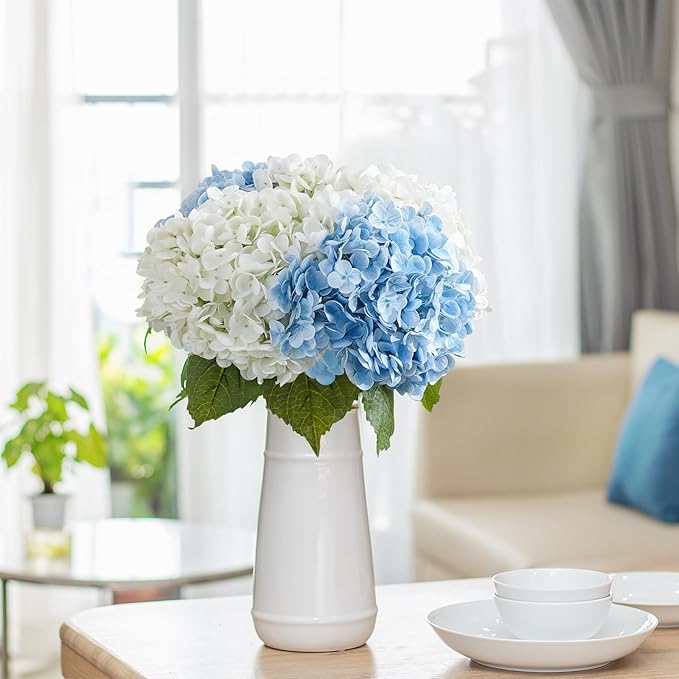 4 Pcs Hydrangea Artificial Flowers, 21'' Real Touch Latex Faux Hydrangeas,Fake Flowers Bouquets for Floral Arrangements Outdoor Wedding Kitchen Table Centerpiece Home Decoration（2White & 2Light Blue）