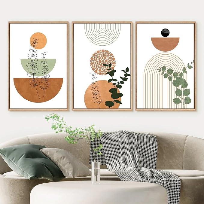 SIKERIC Framed Boho Wall Art Set of 3, (24x36 Inch) Neutral Boho Canvas Wall Art Prints, Mid Century Modern Wall Art Decor, Geometric Bohemian Art Painting for Living Room, Bedroom, Office