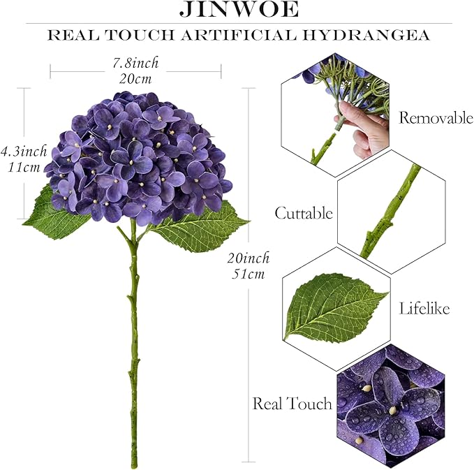 JINWOE Puple Hydrangea Artificial Flowers, 4Pcs 20" Lifelike Latex Silk Real Touch Faux Hydrangea Flowers, Artificial Hydrangeas Bouquet for Wedding Centerpieces Tables Party Home