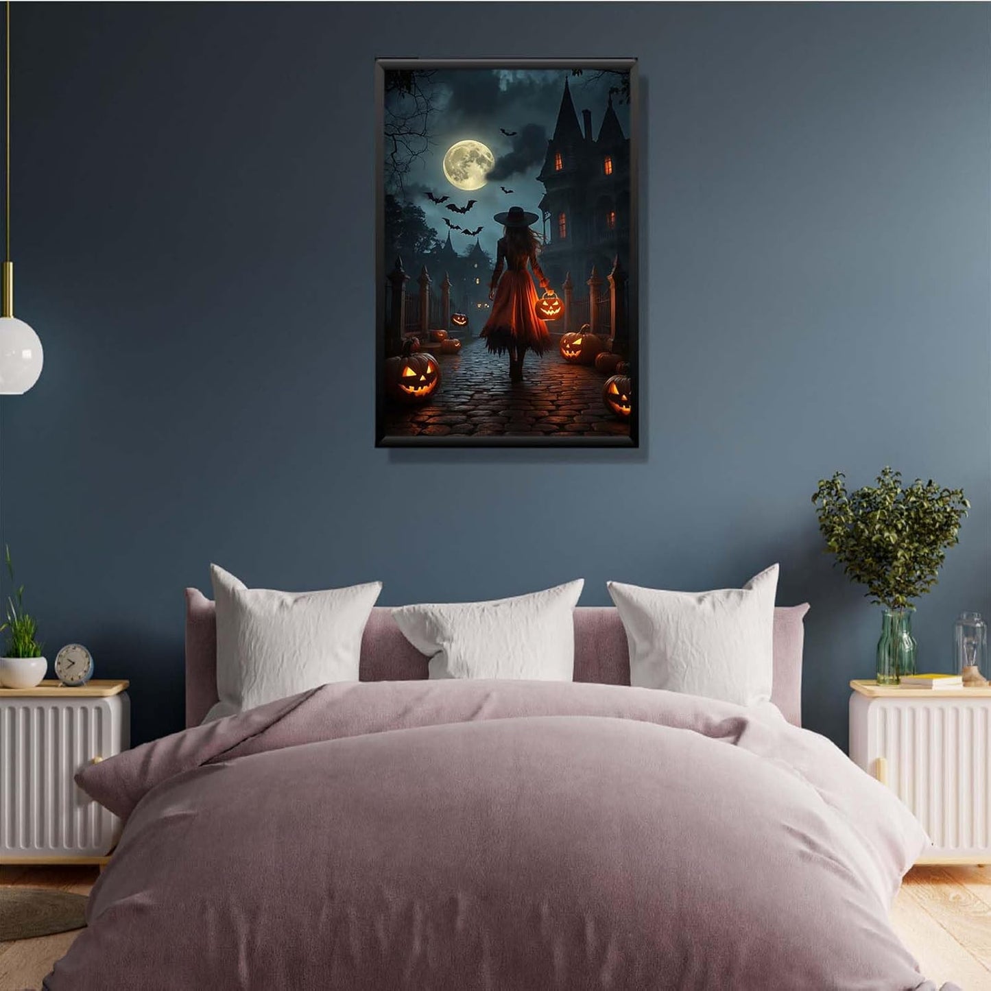 JFHCQJPK Halloween theme poster moonlit autumn night witch vintage poster art print dark college style gothic painting canvas wall decoration bedroom living room ideal gift12x16in Metal blackFramed