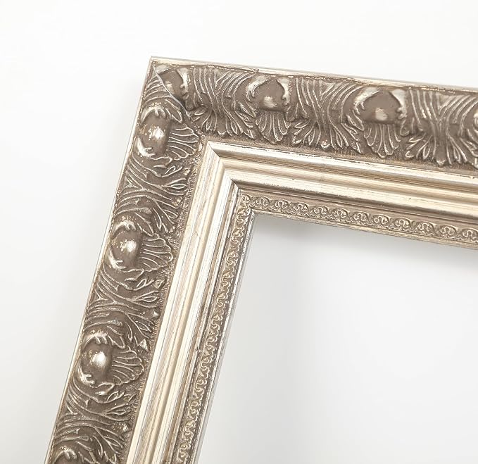 Wood Canvas Frame for 12x18 Vintage Wall Art Prints, 2.4" DIY Plein Air Ornate Frame for French Countryside Still Life Paintings, Hallway Entryway Fireplace Decor, No Glass & Back (Silver)