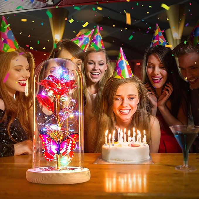Beferr Birthday Gifts for Women Galaxy Glass Rose Forever Preserved Flowers for Delivery Light Up Rose in Glass Dome Mothers Day Butterfly Gifts for Mom Wife Grandma Her Daughter Girlfriend