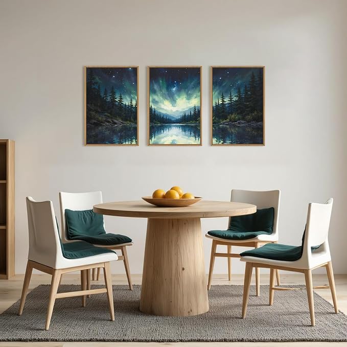 HOURIA Luminous Northern Lights Forest Lake Framed Canvas Wall Art Set,Starry Nordic Aurora Borealis Mountain Scenery Decor,Wilderness Pine Tree Reflection Artwork for Living Room,Farmhouse-16 x24 x3