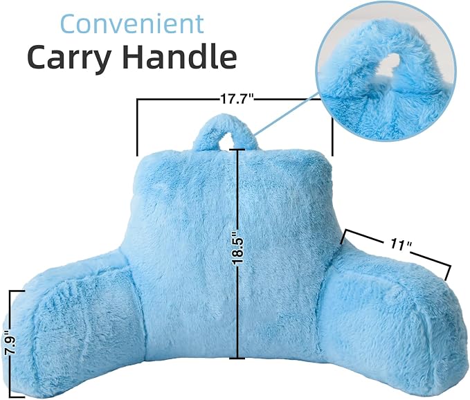 A Nice Night Faux Fur Reading Pillow Bed Wedge Adult Children Backrest with Arms Back Support for Sitting Up in Bed/Couch for Bedrest,Large Size,Babyblue