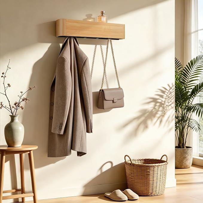 16" Bamboo Coat Rack Wall Mount, 4 Hidden Hooks, Compact, Natural | Solid Bamboo Shelf, 4 Heavy Duty Steel Hooks 44 lbs Each, Entryway Bathroom Bedroom Kitchen, Paper Template Easy Install