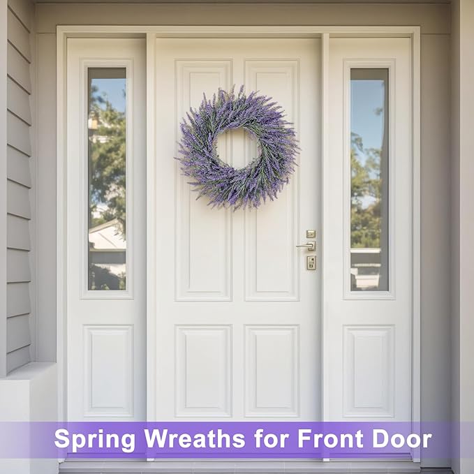 LZNPA 20 Inch Summer Spring Wreaths for Front Door Romance Lavender Wreath, Elegant Artificial Front Door Wreath for All Season Spring Decorations for Home Wall Entryway Farmhouse Porch Room Decor