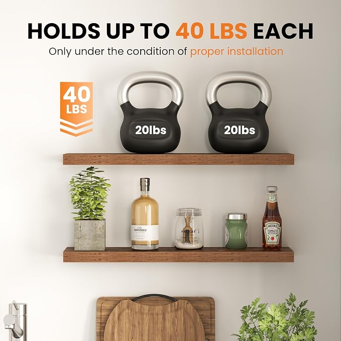 Fun Memories Floating Shelves for Wall, 36 Inch Long Set of 2 Rustic Wood Wall Shelves with Invisible Brackets, Heavy Duty Storage Display for Living Room Bedroom Kitchen, Brown
