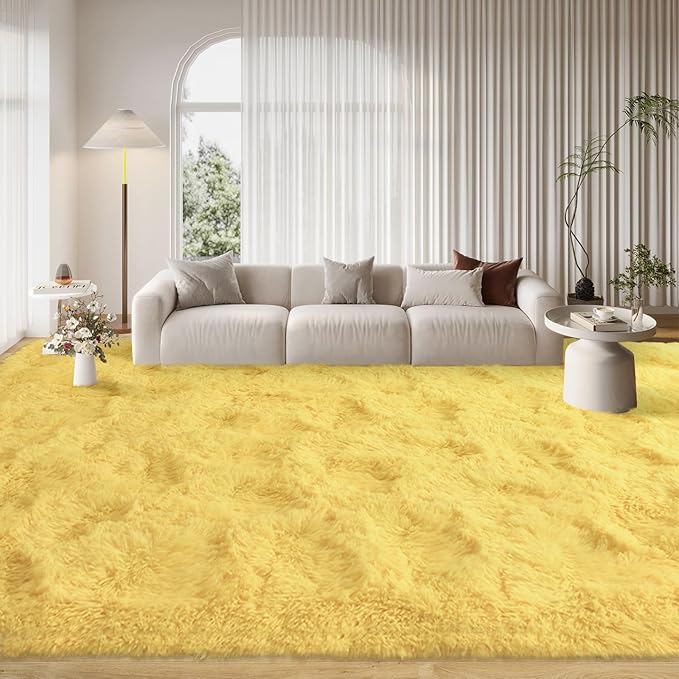 FinRèc 9x12 Feet Yellow Rugs for Living Room Bedroom, Soft Fluffy Shaggy Area Rug, Non-Slip Fuzzy Furry Shag Rug for Nursery Kids Room Dorm Room Home Decor, Indoor Plush Floor Carpet