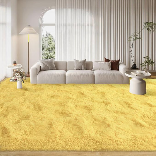 FinRèc 9x12 Feet Yellow Rugs for Living Room Bedroom, Soft Fluffy Shaggy Area Rug, Non-Slip Fuzzy Furry Shag Rug for Nursery Kids Room Dorm Room Home Decor, Indoor Plush Floor Carpet