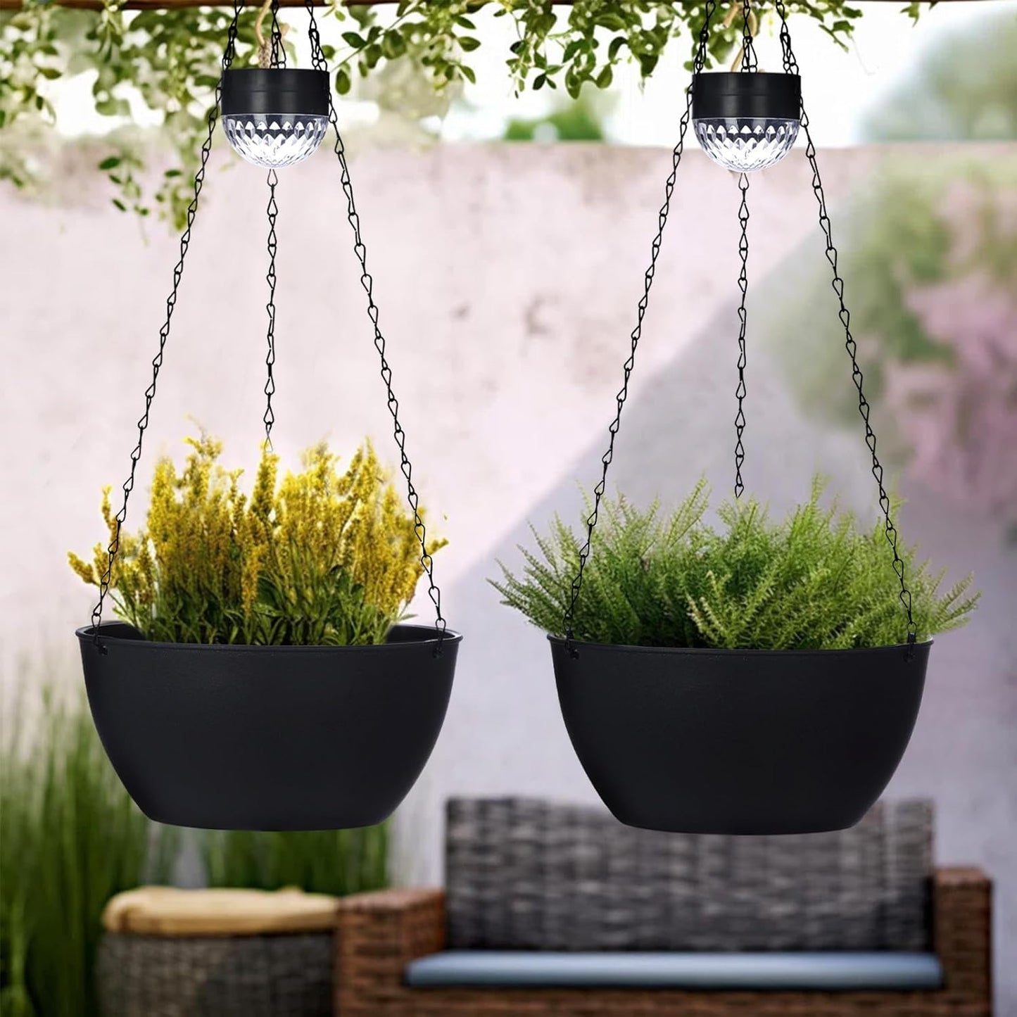 2 Packs Hanging Planters Basket for Outdoor Plants, Solar Powered Self Watering Black Round Plastic Flower Pots with Drainer for Balcony Patio Garden Outdoor Decoration
