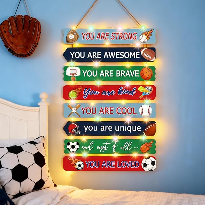 Cool Classic Sport Balls Sign Nursery Wall Decor Set of 8 With LED Lights, 16x5 Modern Motivational Cute Ball Plaque Wall Art for Baby Boy Kid Teen Toddlers, 4 PCS Wooden Quote Gift for Gameroom Gym