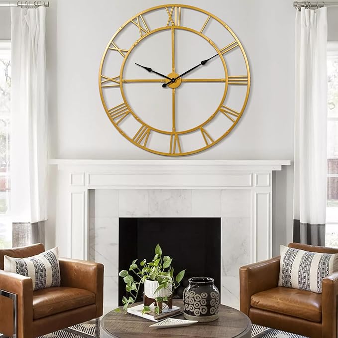 Large Wall Clock for Living Room Decor – 40 Inch Knocked-Down (KD) Silent Non-Ticking Modern Farmhouse Wall Clock, Oversized Decorative Metal Roman Numeral Clock