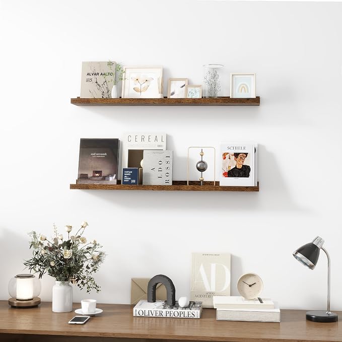Acovy 36 inch Picture Ledge Shelf, Wood Floating Shelves, Brown, Set of 2 | Photo Ledge, Wall Mounted, For Nursery Book Living Room Kids' Room Bedroom