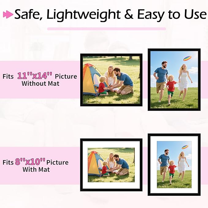 Picture Frames, 11x14 Picture Frames with Mat, 2 Pack Wall Hanging Photo Frame for Office Home Wall Decor, Black Frames with Clear Plexiglass for Posters, Photos & Art Prints