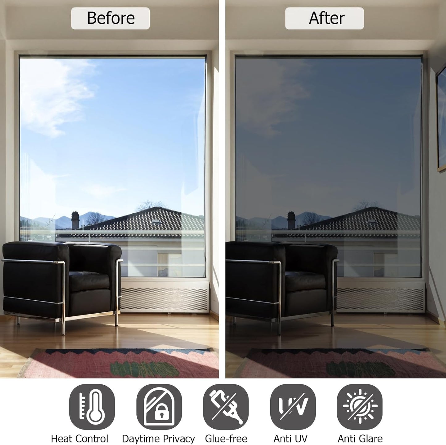 HIDBEA One Way Window Film, Daytime Privacy Sun Blocking Reflective Window Film No Glue Static Cling Heat Control Window Tinting Film for Home and Office, Black Silver, 29.5 x 157.5 Inch