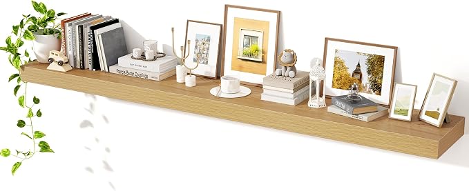 Axeman 72Inch Floating Shelves for Wall, Rustic Wood Shelves for Bedroom, Bathroom, Kitchen, Hanging Wall Mounted Shelf with Invisible Brackets for Books Decor, Set of 1, Oak