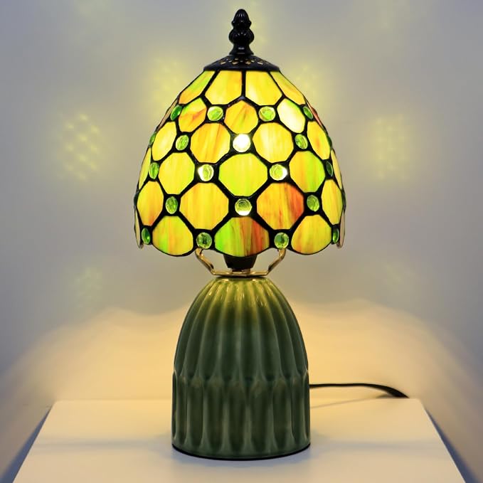 Tiffany Stained Glass Mushroom Table Lamp 12.5 Inch -Brownish Green | Tiffany Lamp,6X6X12.5 Inch,Small Night Light,Ceramic Base, Mini Accent Light Suitable,Bedside,Bedroom, Children Room,Antique