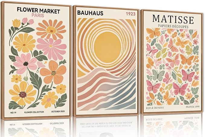 Ausril Boho Flower Market Framed Canvas Wall Art Set, Matisse Floral Wall Decor, Abstract Botanical Wall Painting, Nature Floral Illustration Art Prints for Living Room, Bedroom, Office 24"X36"X3