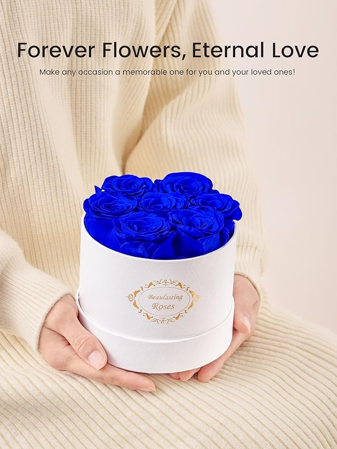 Beaulasting Long Lasting Preserved Roses in a Box Last a Year Forever Flowers for Her Mom Wife Anniversary Birthday (Round White Box, Royal Blue)
