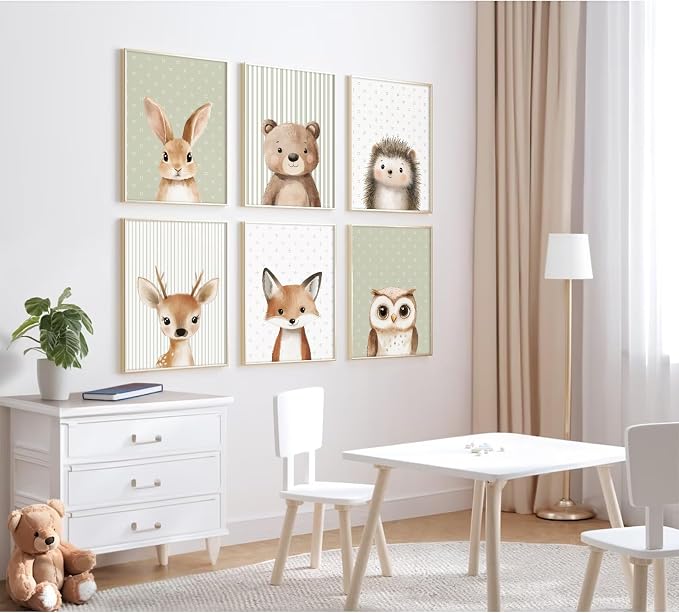 Woodland Animal Nursery Wall Art Decor Baby Kids Canvas Poster Safari Animal Wall Decor Jungle Forest Prints Bear Fox Deer Pictures Sage Green Painting Neutral Artwork for Bedroom 12x16 Inch Unframed