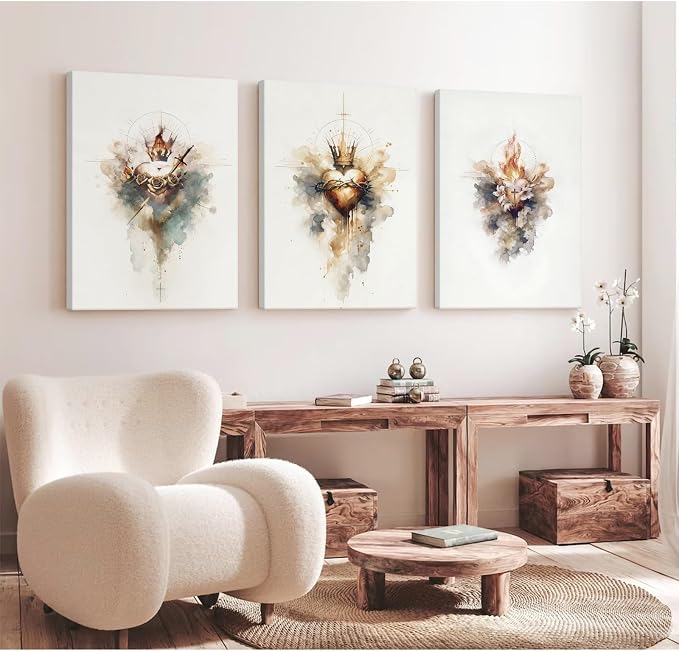 Jesus Canvas Wall Art Sacred heart of Jesus Pictures Christian Wall Decor Catholic Poster Religious Wall Art Heart of Mary and Joseph Painting Divine Mercy Prints for Bedroom 12x16 Inch Ready to Hang