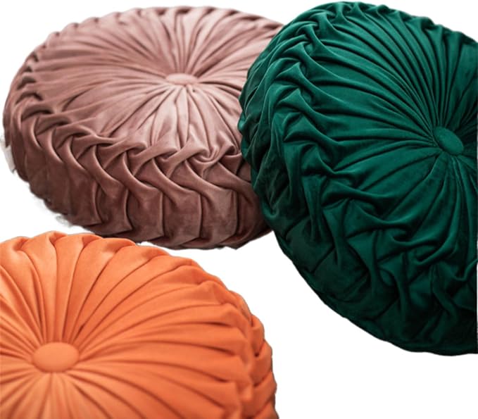 Greenjin 15" Round Pillow for Couch, Circle Velvet Pleated Throw Pillow,Decorative Round Floor Cushion,Pumpkin Chair Cushion for Bed Chair Car Sofa Home Decor Orange