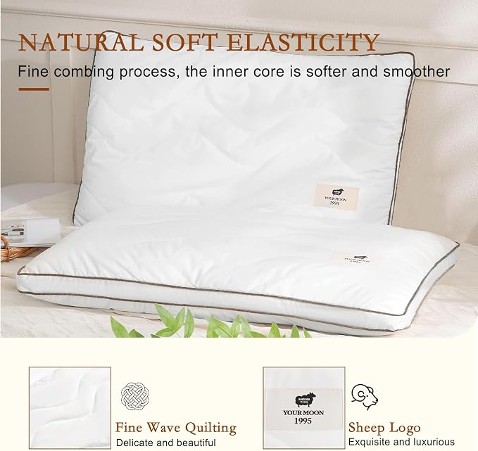 YOUR MOON Natural Wool Pillow Queen Size, Flat & Thin Wool Pillow for Sleeping, Low-Loft Bed Pillows for Back and Stomach Sleepers, Breathable Cotton Cover (White)