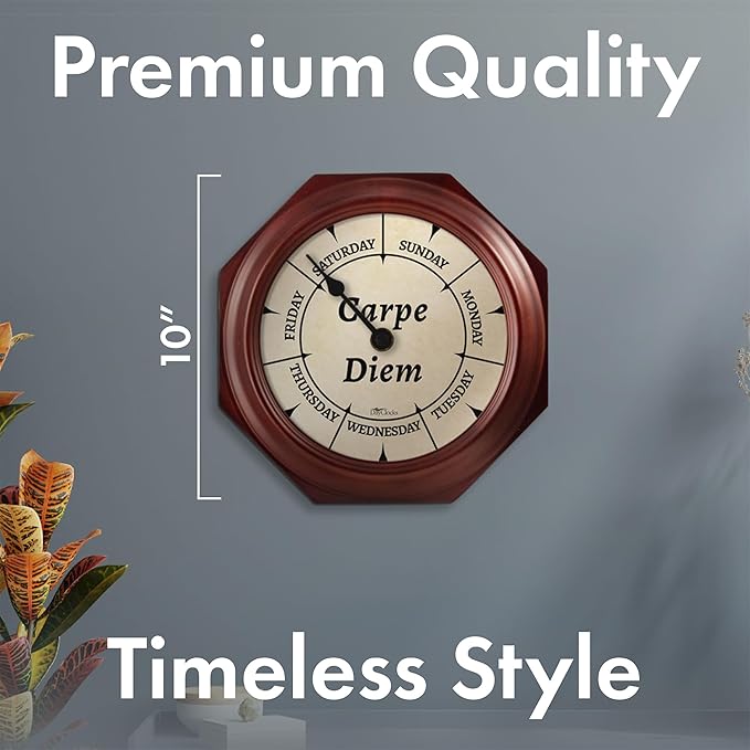 Classic “Carpe Diem” Day of The Week Wall Clock - 10" Solid Mahogany Wood Frame, Ideal Retirement Gift for Men and Women, Day Clock for Seniors and Retirees
