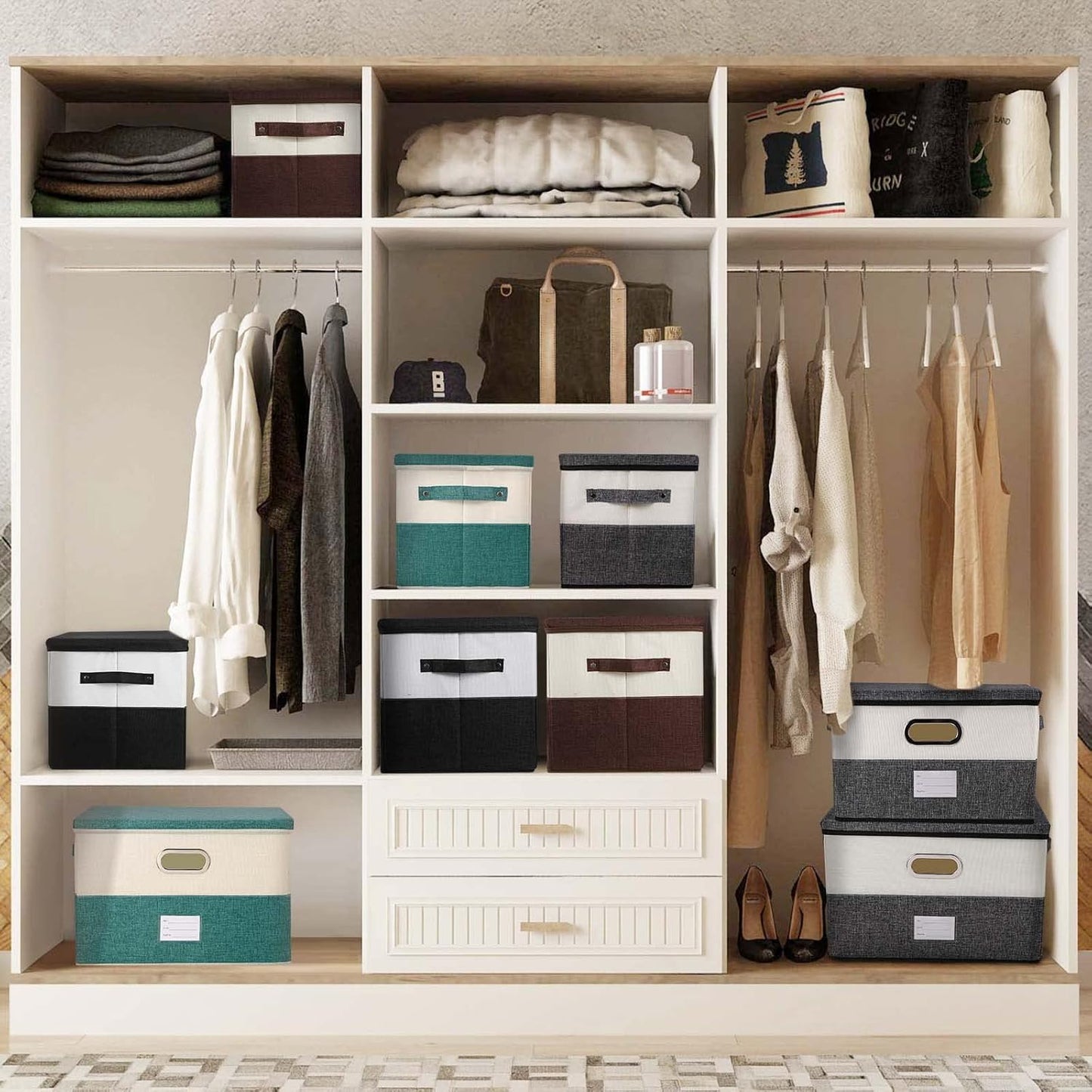 Large Linen Fabric Foldable Storage Bins with Removable Lid and Handles, Washable Storage Box Organizer Containers Baskets Cube with Cover for Bedroom,Office (Coffee&Cream, Medium(2-Pack))