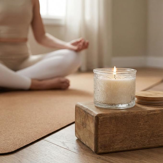 10 oz Clear Mandala Glass Candle Jars with Bamboo Lids, 9 Pack | Patented Embossed Design, Includes Wick Centering Devices & Warning Labels, Multiple Color Options