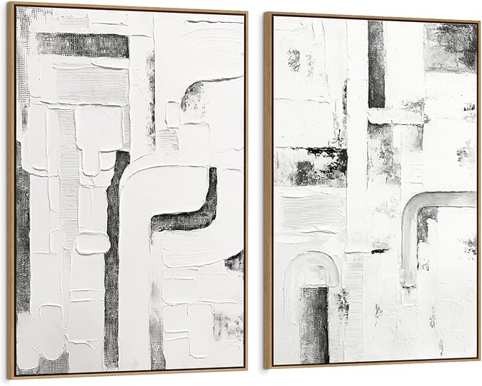 SAFERRYHOME Abstract Neutral Hand Painted Wall Art, 24"x36"x2 Framed | Large 3D Textured Framed Canvas Wall Decor, Modern Painting Minimalist Geometric Texture Artwork for Home Office Living Room