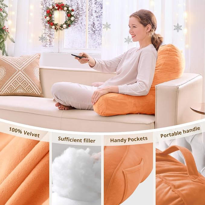 Sasttie Reading Pillow, Pillows for Reading or Relaxing – Ergonomic Support for Head, Neck, Back, and Lumbar, 21-Inch, Orange