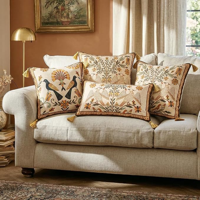 bilin gaier Designer Linen Throw Pillow Covers,28"x12" Set of 2-Seville A | Vintage Elegant Rectangle Pillow Cover,Concealed Zipper,Floral and Bird Pattern,Sofas,Bedroom,Living Room,Lounge Chairs