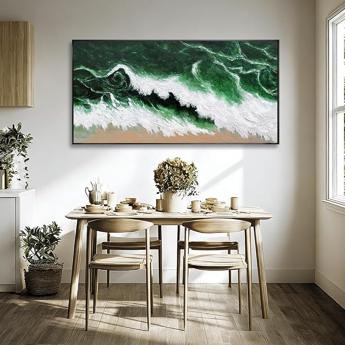 Large Framed Canvas Print Wall Art Abstract Green Wave Nature White Textured Modern Minimalist Art Canvas Wall Decor Living Room 24"x48"