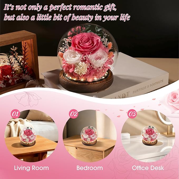 FIACO Gifts for Mom Mother Day Preserved Flowers in Glass Dome Long-Lasting Eternal Rose Birthday Gifts for Women Grandma Wife Sister Girlfriend Pink Flowers for Delivery Prime Anniversary