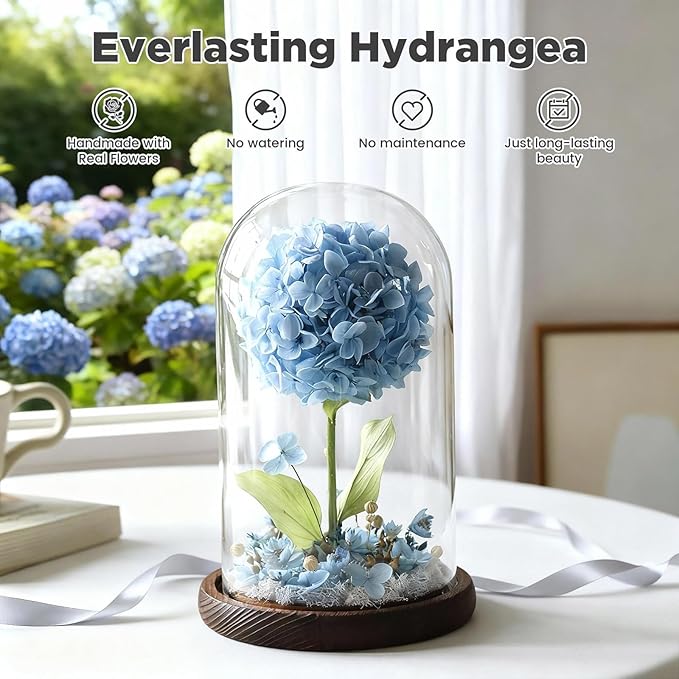 Forever Hydrangeas in Glass Dome,Forever Preserved Flowers Gifts Mothers Day Birthday for Grandma Women Mom Wife,Fresh Flowers for Delivery/Blue Hydrangea