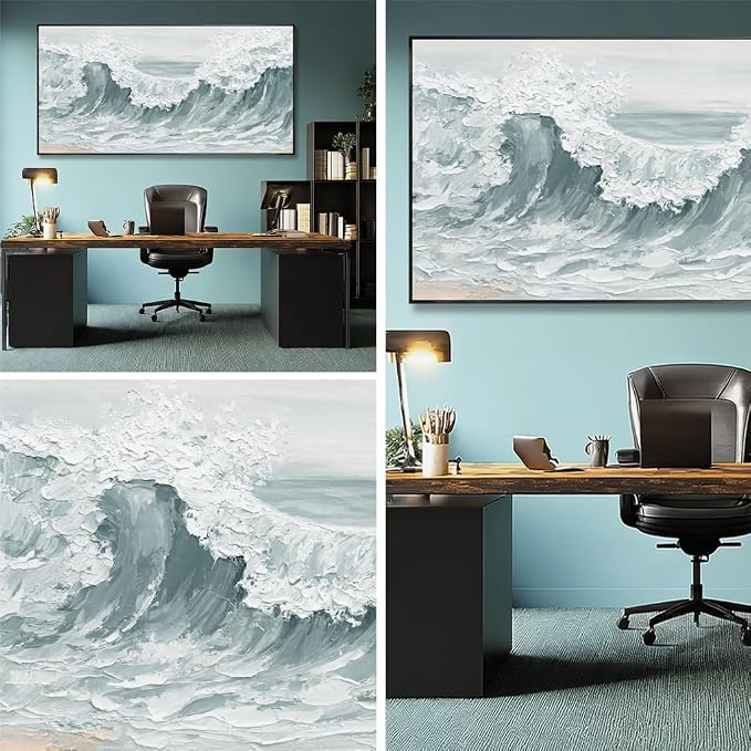 Sea Wave Abstract Light Green Wall Art for Living Room Artwork Canvas Art Wall Decor Painting Print Picture for Bedroom Office Hotel Home Decoration 24"x48"With Framed