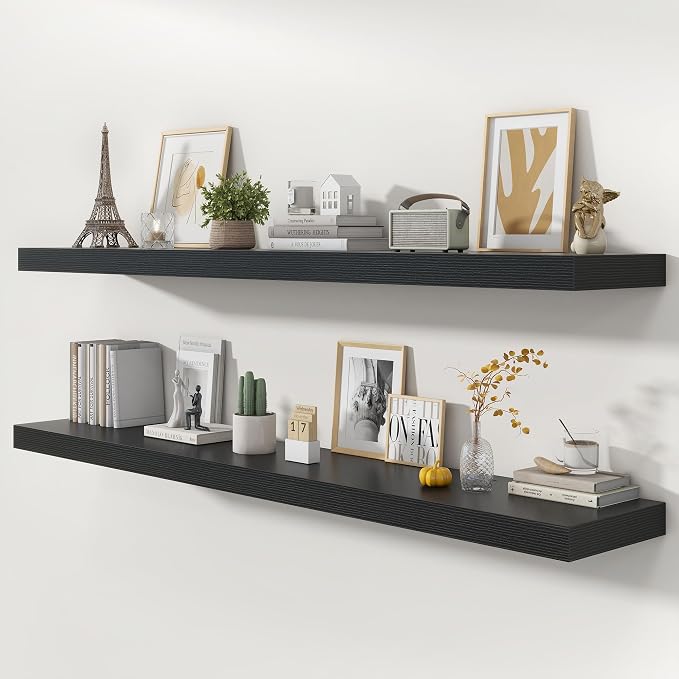 FLYJOE 72 Inch Floating Shelves | 12 Inch Deep Black Floating Shelves Set of 2 | 72" W x 12" D Rustic Black Wood Wall Shelves for Bathroom Living Room Kitchen Laundry Room