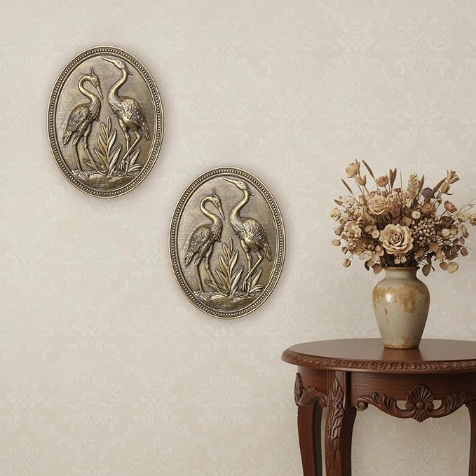 Vintage Crane Wall Sculpture 2 Pack, Crane Wall Art, Antique Wall Decor, Hand Painted Wall Decoration with Embossed Couple Bird Design, Gold Wall Decor for Living Room Bedroom Dining Room,Housewarming Gift(Gold Cranes)
