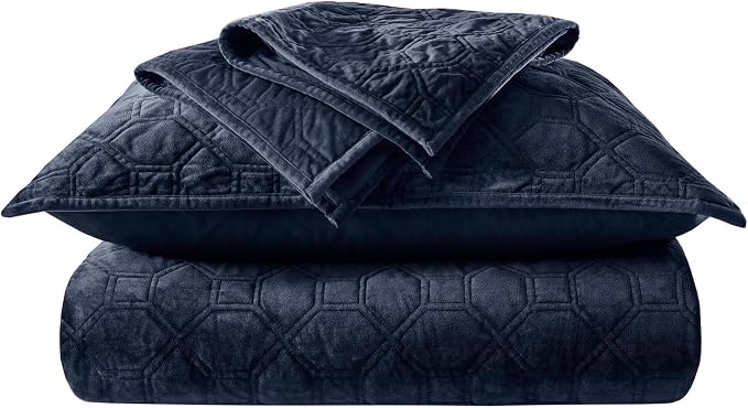 Madison Park Harper Quilt Set Velvet Casual Geometric Stitching Design All Season, Lightweight Coverlet, Cozy Bedding, Matching Shams, King/Cal King(104"x94"), Navy 3 Piece