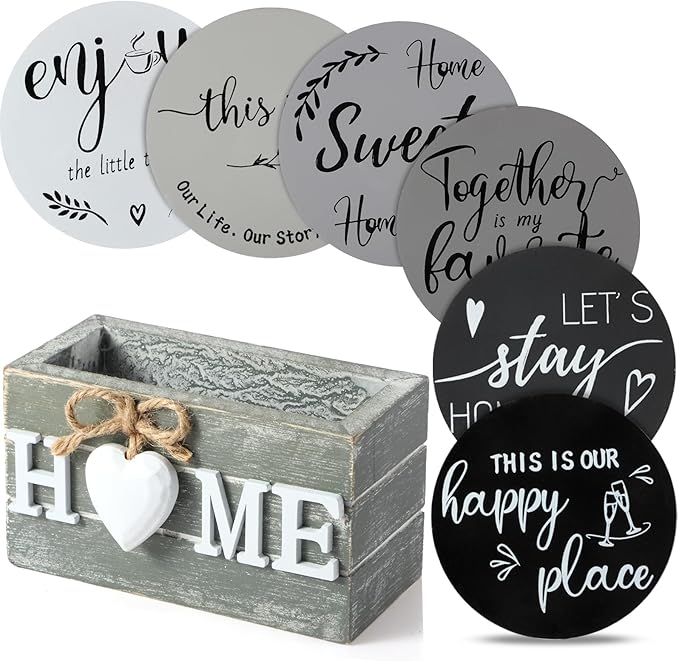 Queekay Coasters Set of 6 House Warming Gifts New Home Wooden Farmhouse Drink Coasters with Holder 4'' Funny Decoration for Kitchen Family Coffee Bar Tabletop Protection(Gray)