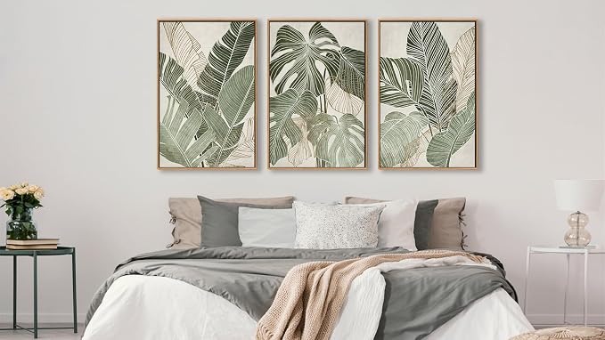 Large Framed Canvas Wall Art - Natural Float Framed Green Plantain Leaves Pictures Decor Brown Leaf Lines Painting Prints Rustic Botanical Artwork for Bedroom Living Room Decoration 48" X 24" Set of 3